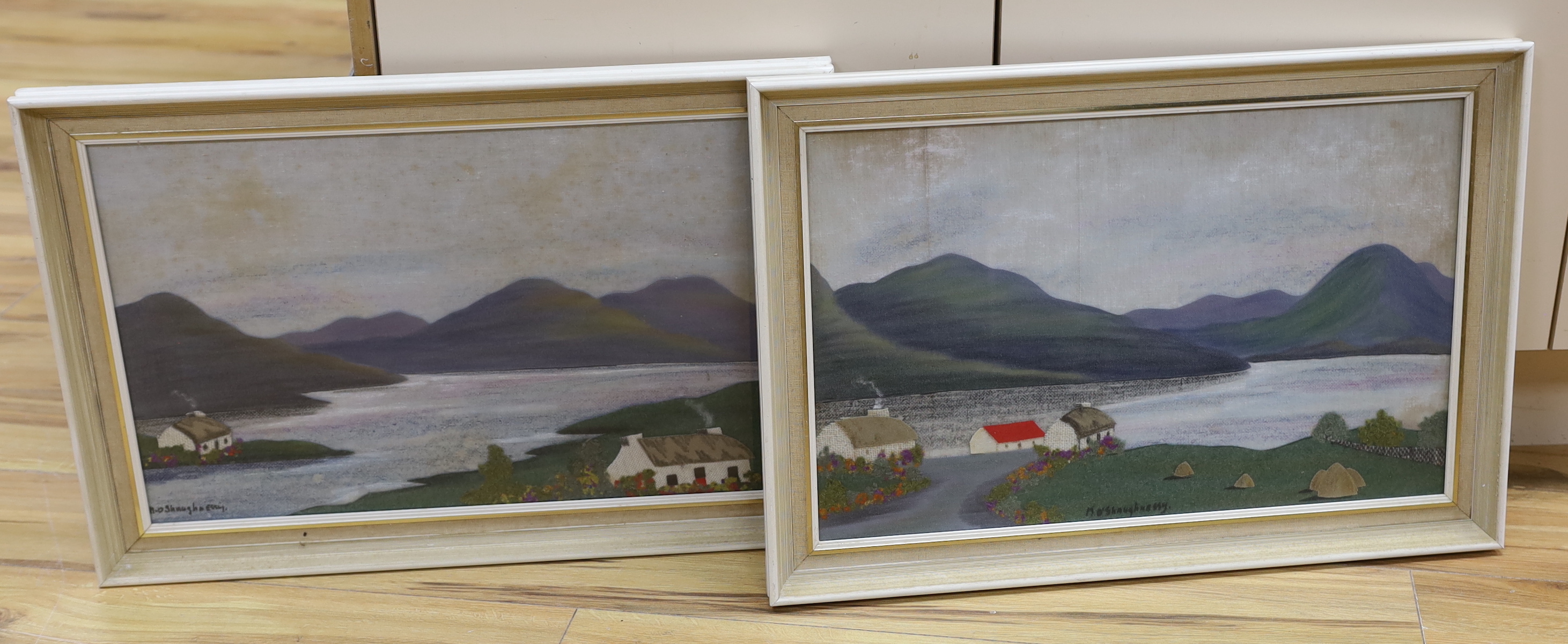 M O’Shaughnessy (Irish), pair of felt and collages, Mountainous river landscapes, each signed, 35 x 55cm